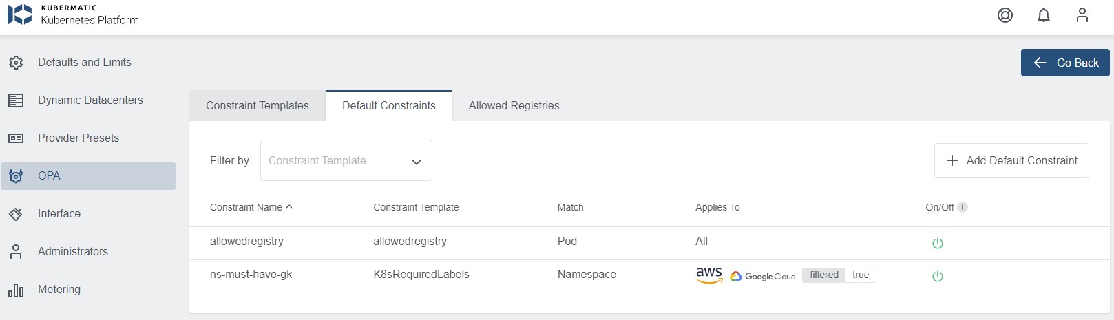 Default Constraints in the Admin Panel