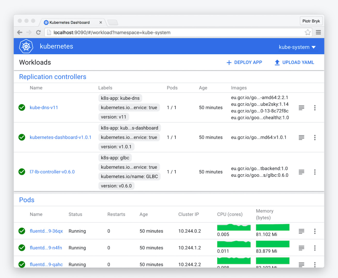 Replications controllers on the Kubernetes Dashboard