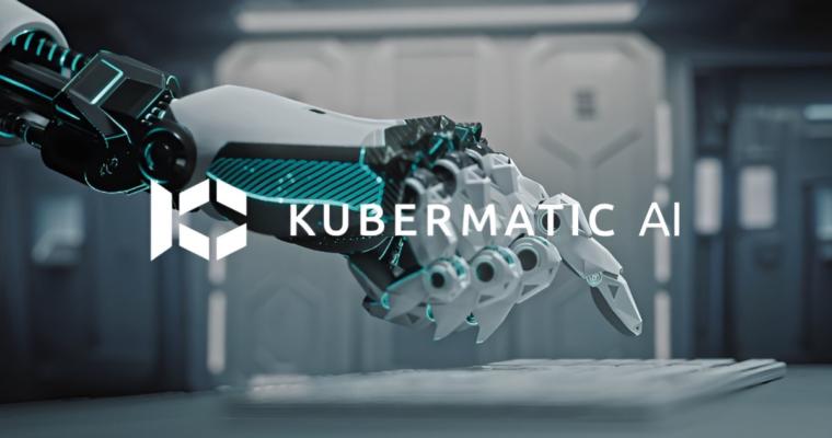 Robotic hand reaching toward a keyboard with the Kubermatic AI logo overlaid