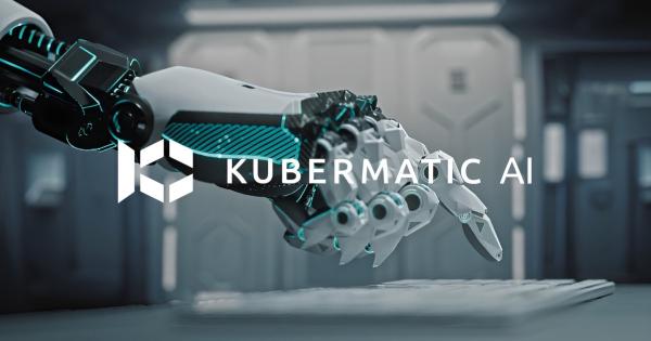 Robotic hand reaching toward a keyboard with the Kubermatic AI logo overlaid