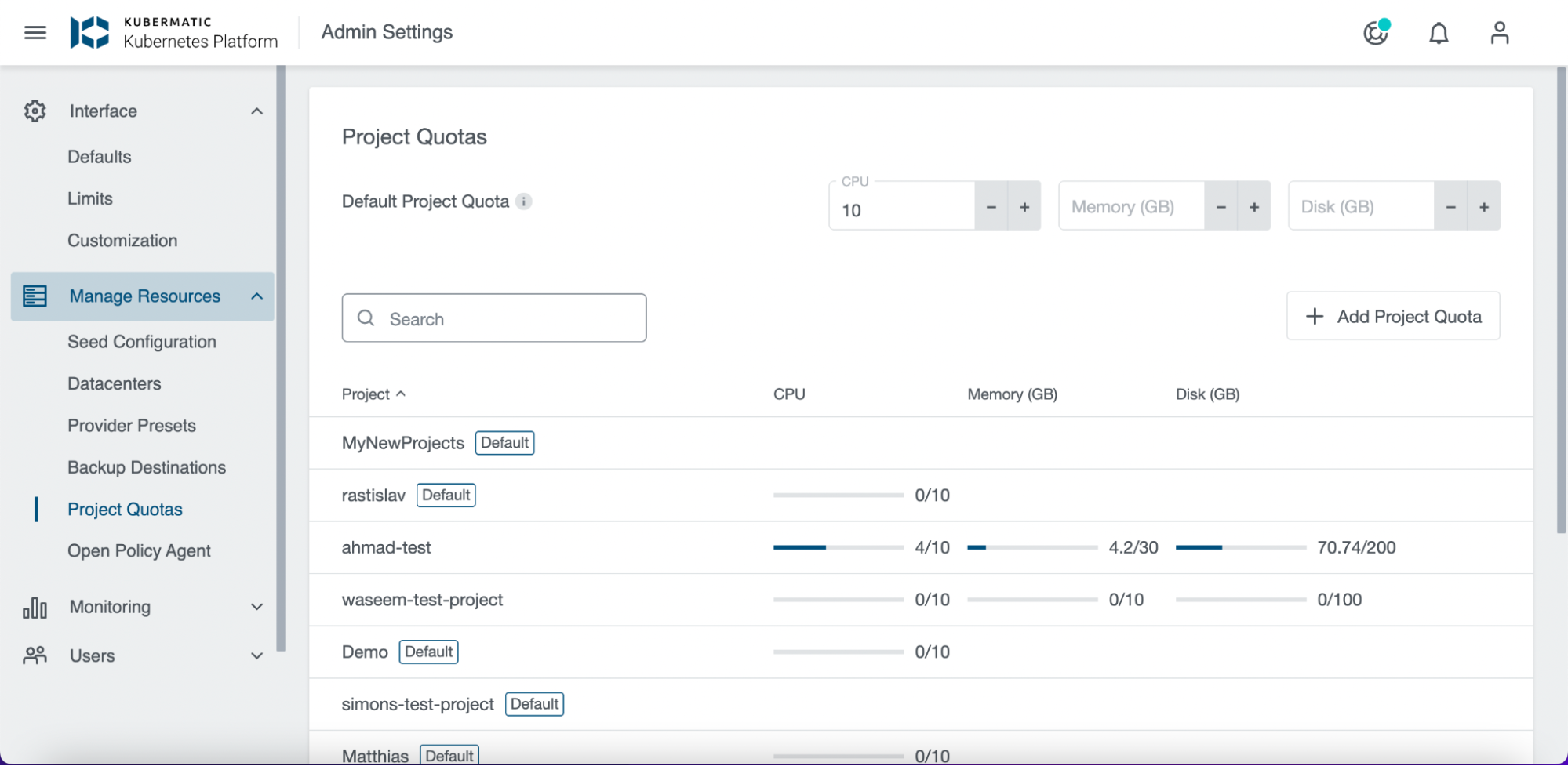 Setting default resource quotas in KKP