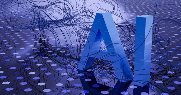 3D render of the letters AI in blue, standing on a hexagon-patterned floor tangled with dark wires