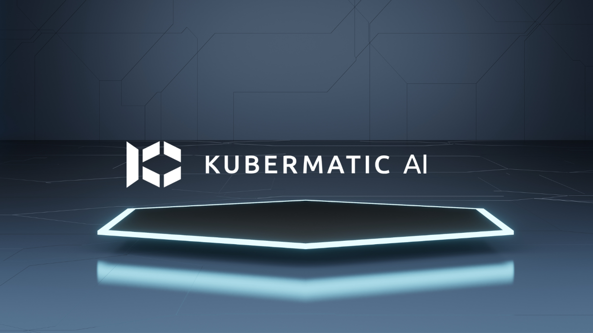 Kubermatic AI logo displayed above a glowing hexagonal platform, set against a dark blue tech-themed background